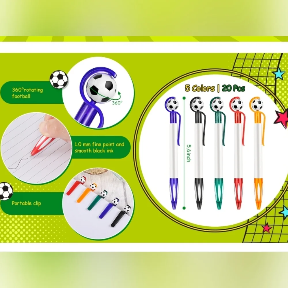 New! Set of 20 Soccer party favor sports pens set in 5 colors with black ink
